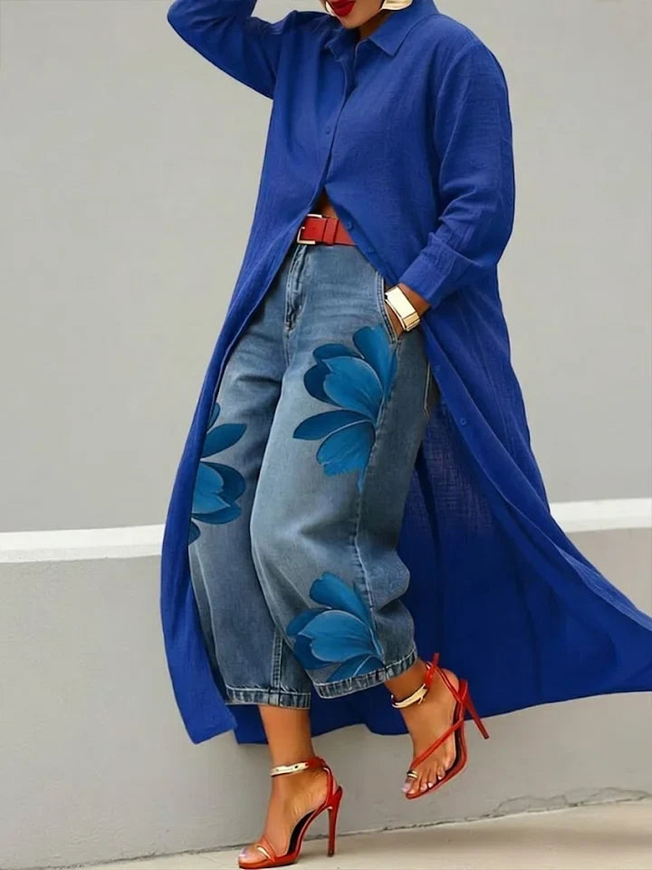 Maud | Lang skjorte og jeans med blomsterprint