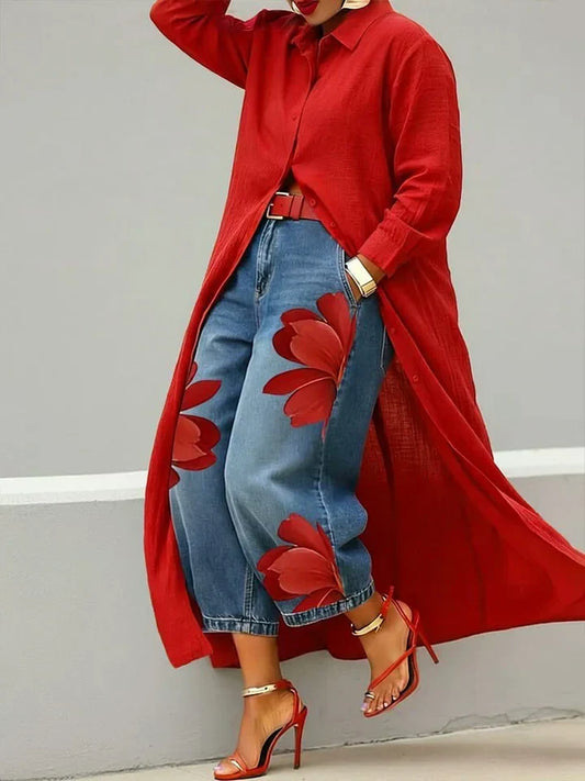 Maud | Lang skjorte og jeans med blomsterprint