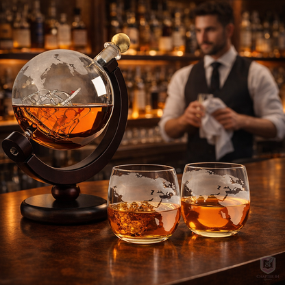 Whiskykaraf-sæt med verdenskort – billede 4
