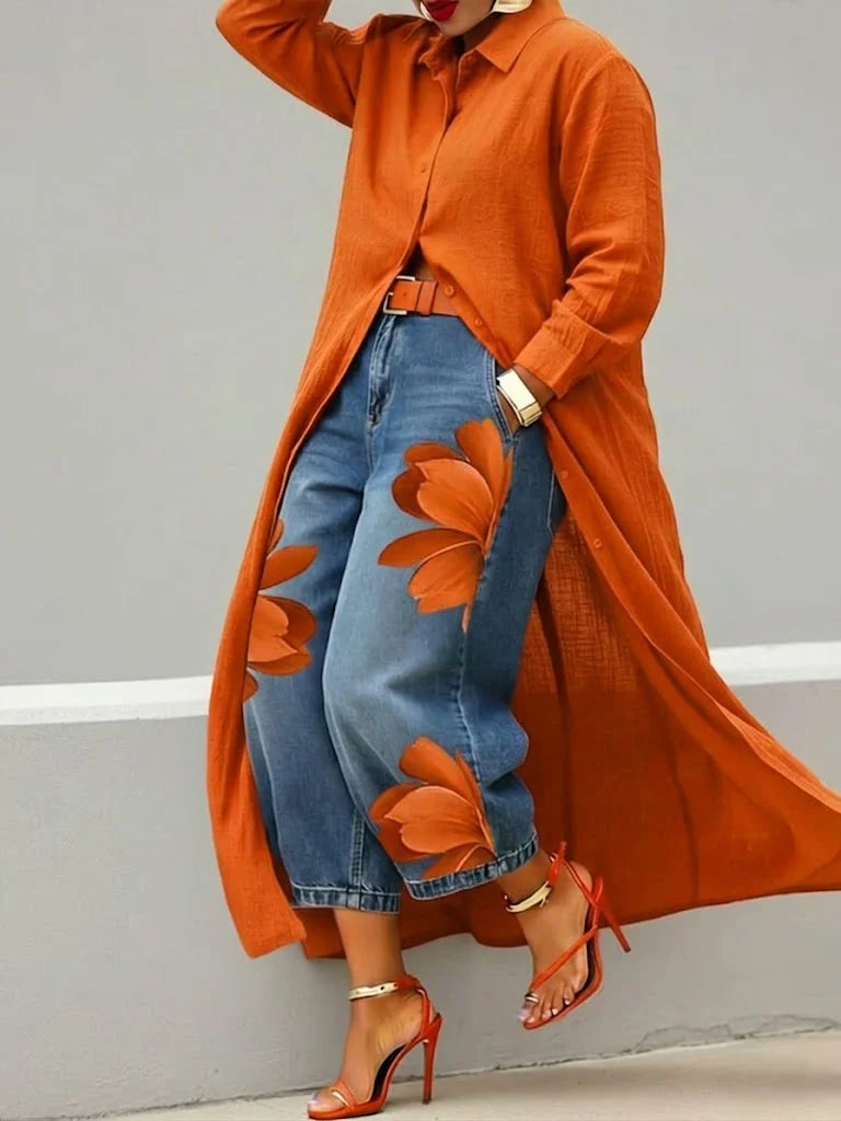 Maud | Lang skjorte og jeans med blomsterprint