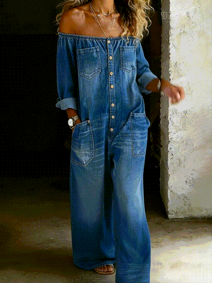 Elena | Denimjumpsuit med bare skuldre og lange ærmer