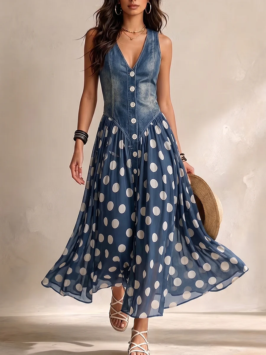 Adeline | Maxikjole med denimlook og prikket nederdel