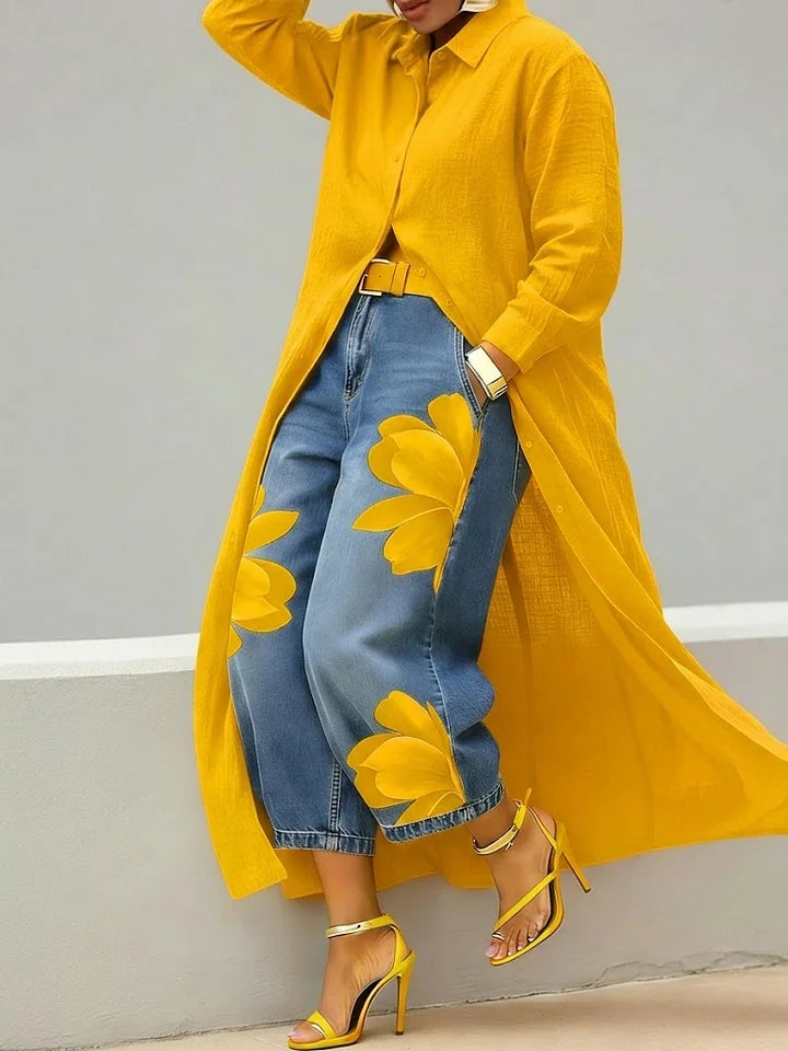 Maud | Lang skjorte og jeans med blomsterprint