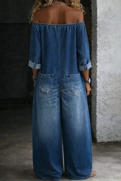 Elena | Denimjumpsuit med bare skuldre og lange ærmer