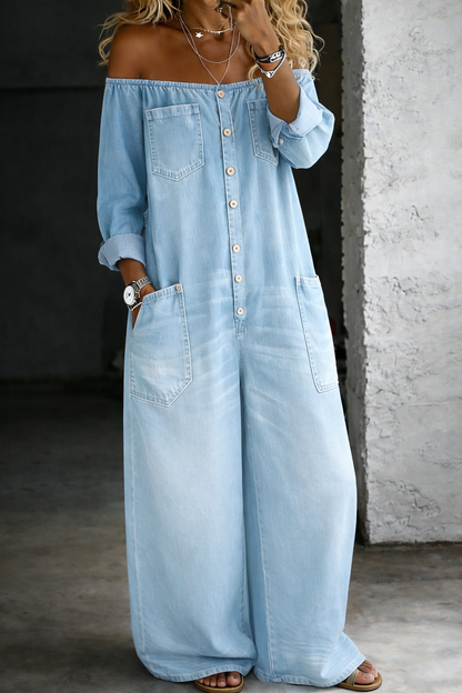Elena | Denimjumpsuit med bare skuldre og lange ærmer