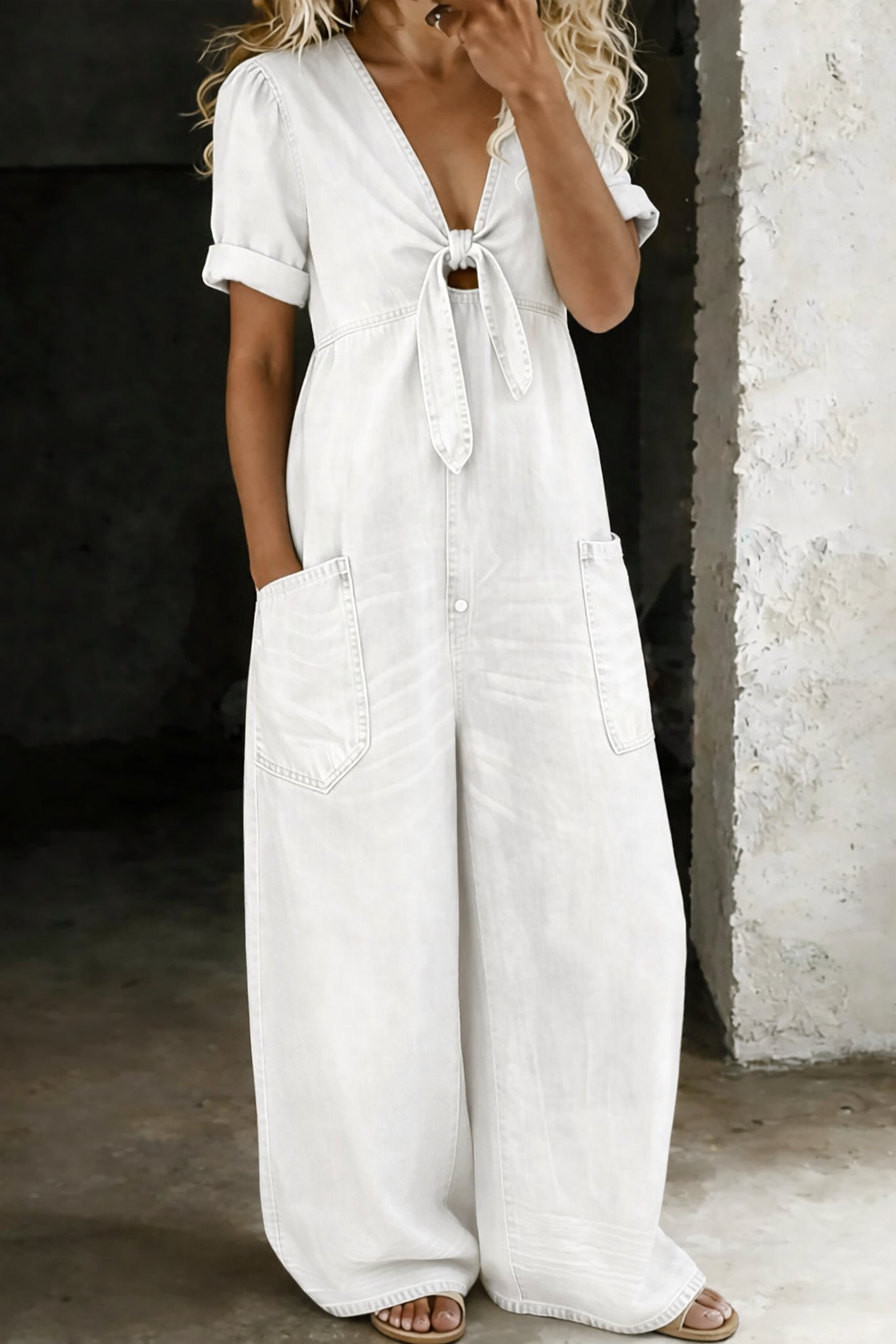 Naya | Kort denimjumpsuit med V-udskæring