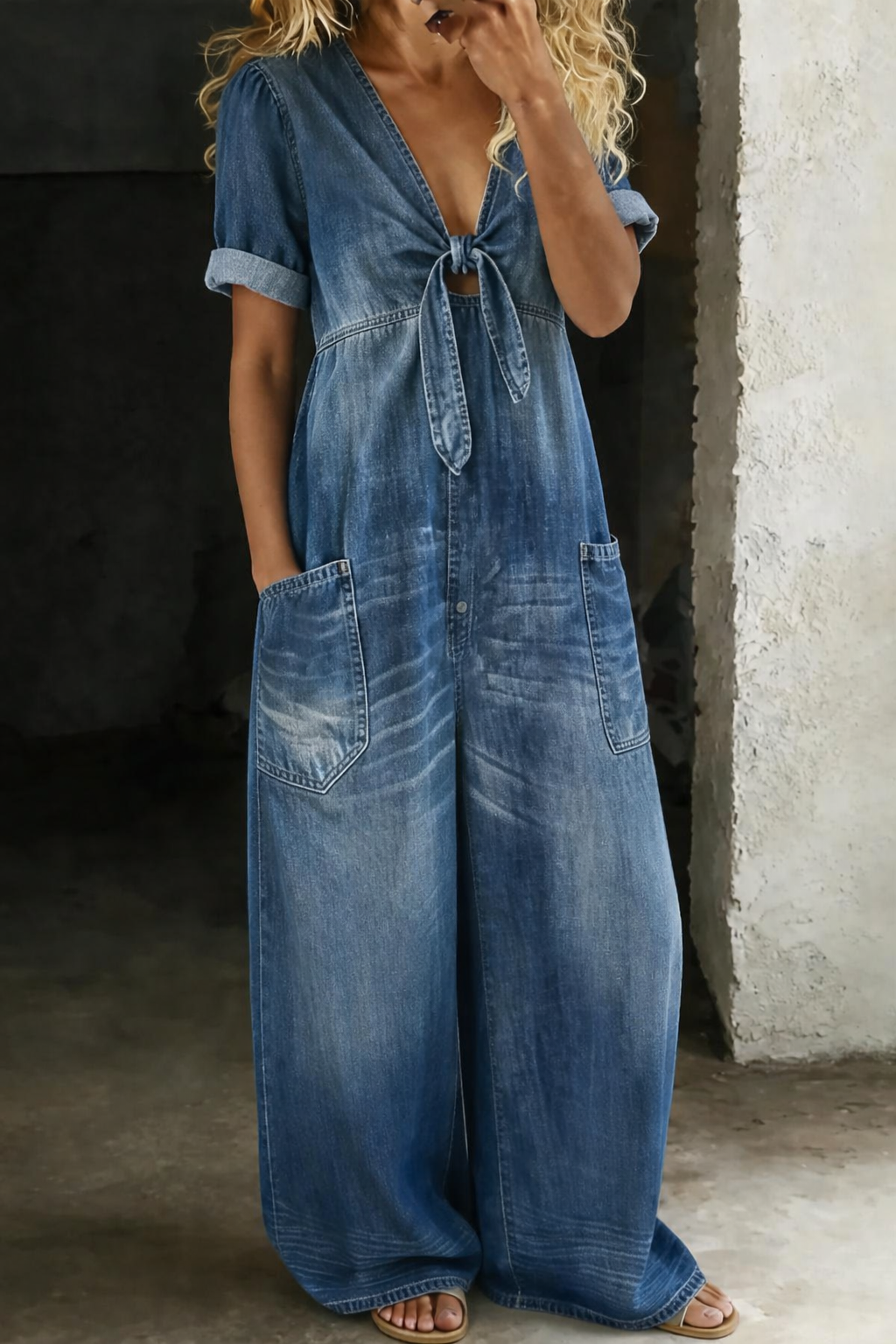 Naya | Kort denimjumpsuit med V-udskæring