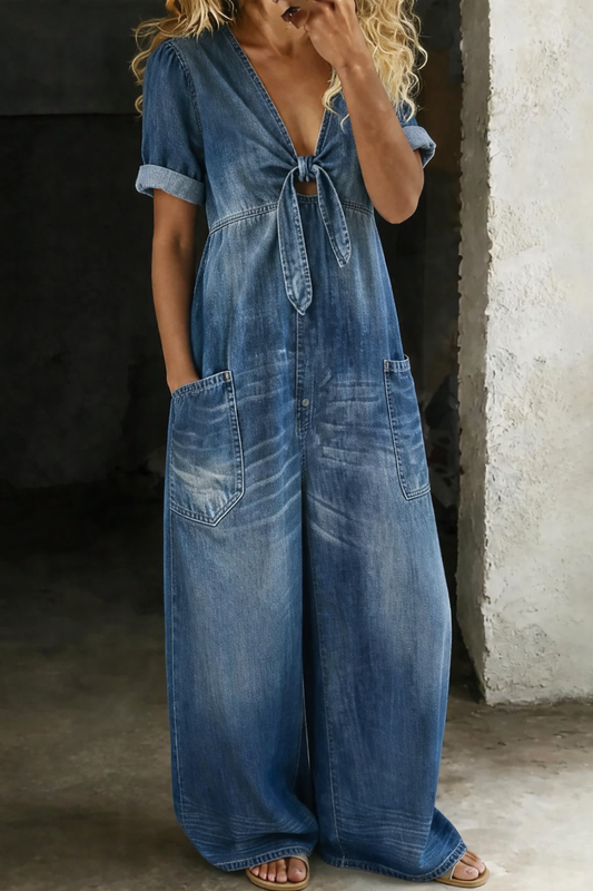 Naya | Kort denimjumpsuit med V-udskæring