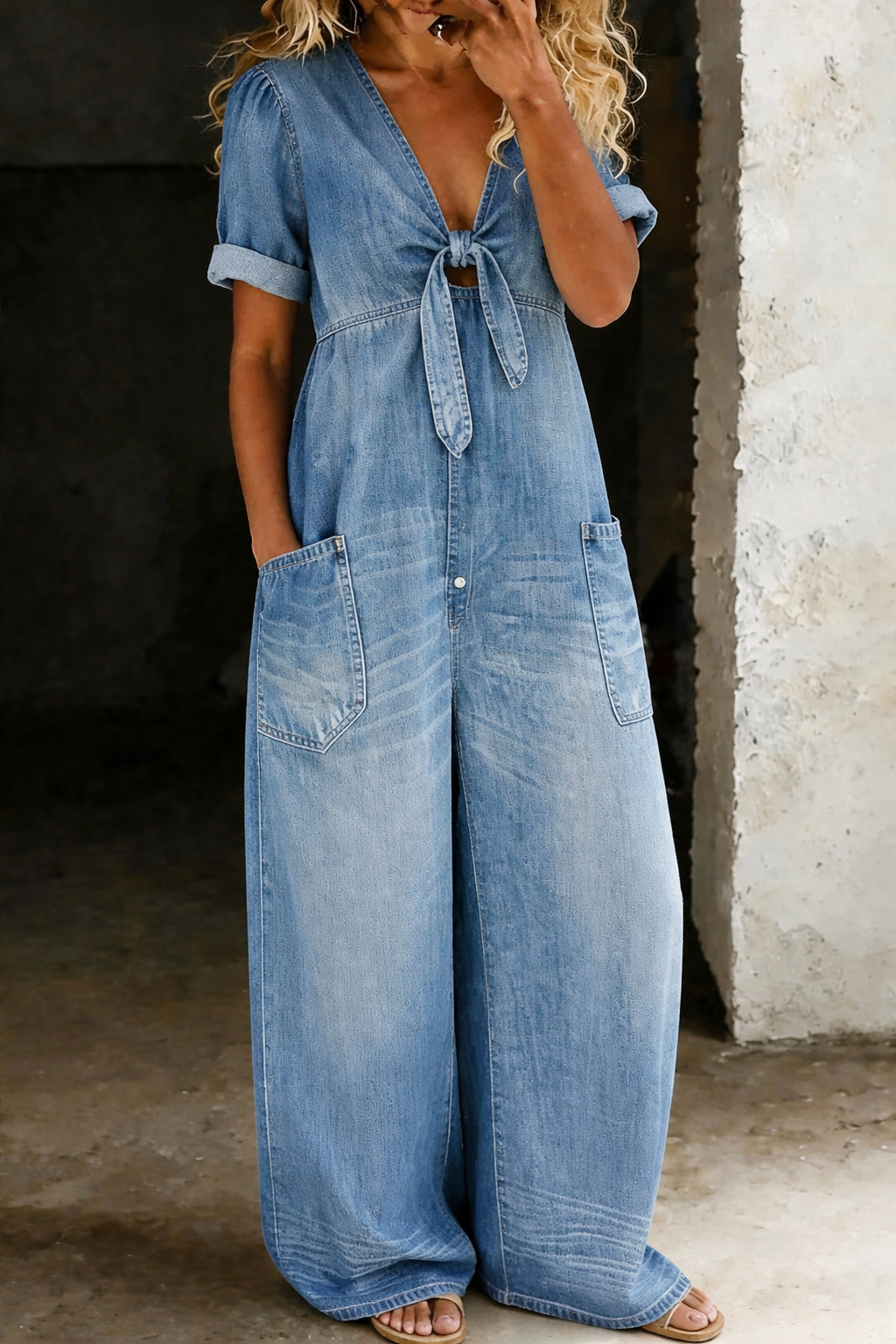 Naya | Kort denimjumpsuit med V-udskæring