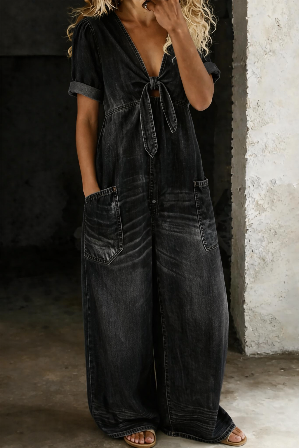 Naya | Kort denimjumpsuit med V-udskæring
