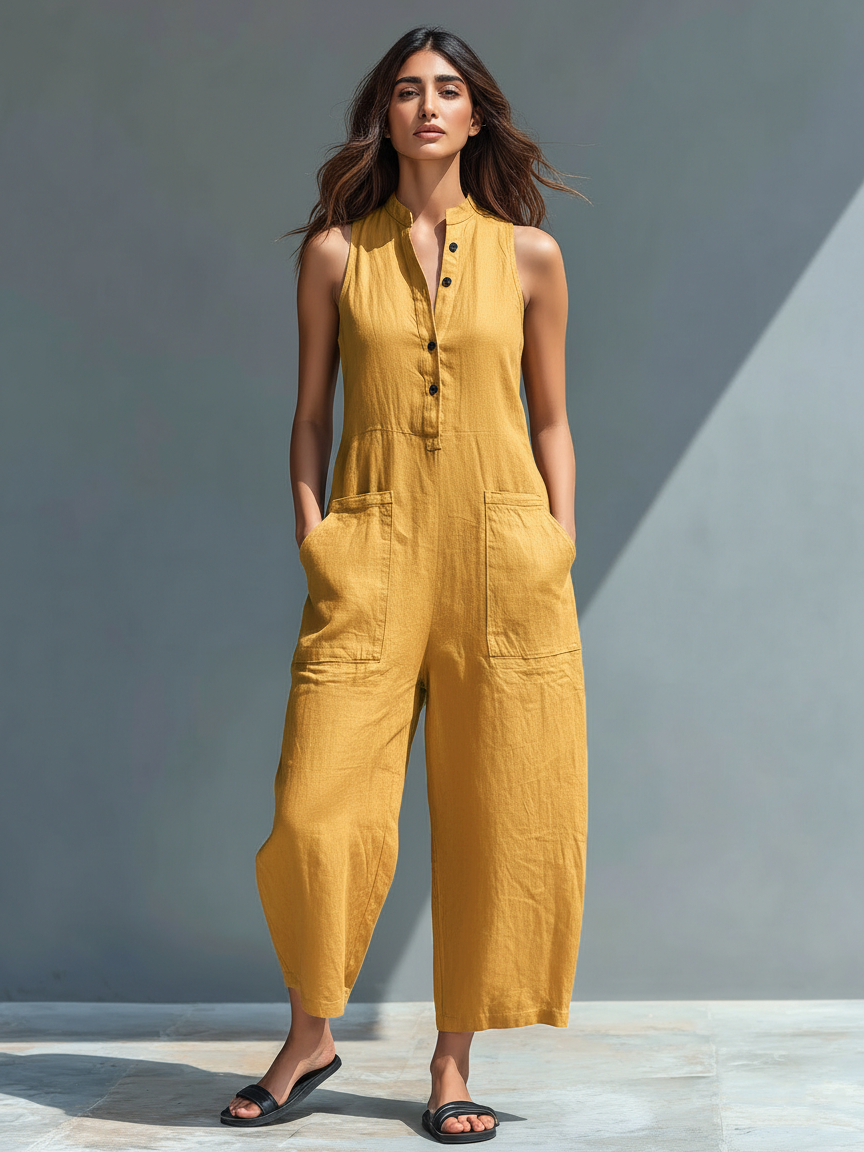 Juliette | Ærmeløs jumpsuit i hørblanding med knaplukning