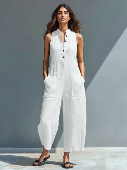 Juliette | Ærmeløs jumpsuit i hørblanding med knaplukning