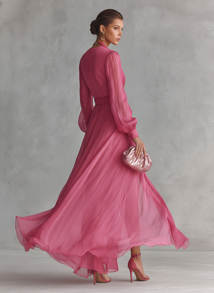 Maylis | Rosa maxikjole i chiffon med V-udskæring
