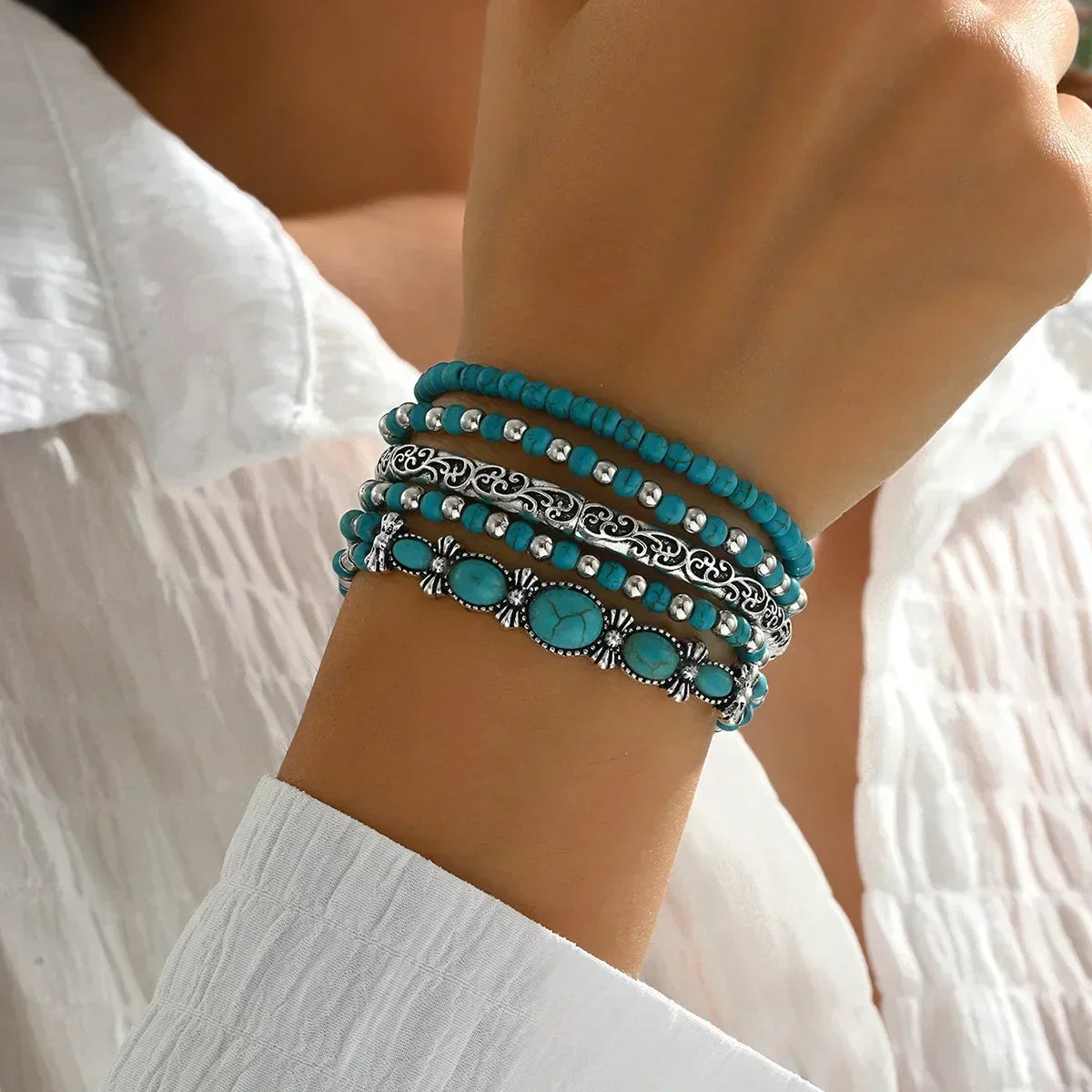 Boheme-armbåndssæt med turkise perler