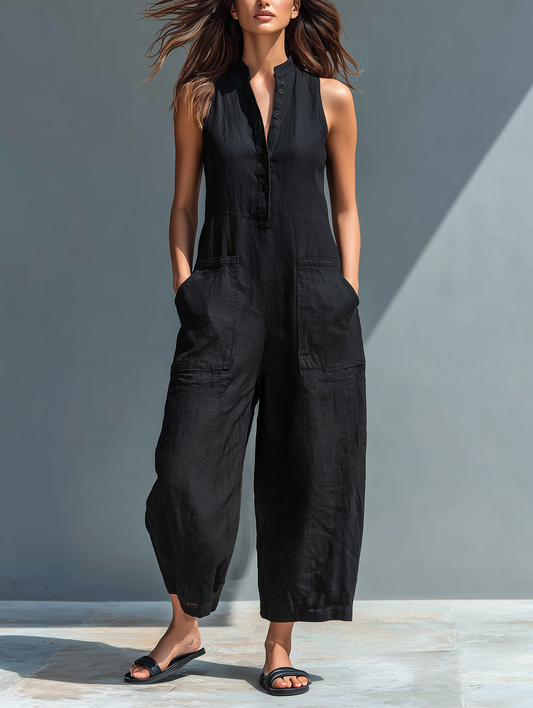 Juliette | Ærmeløs jumpsuit i hørblanding med knaplukning