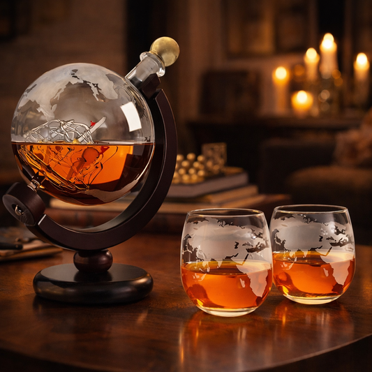 Whiskykaraf med verdenskort og glas – billede 1