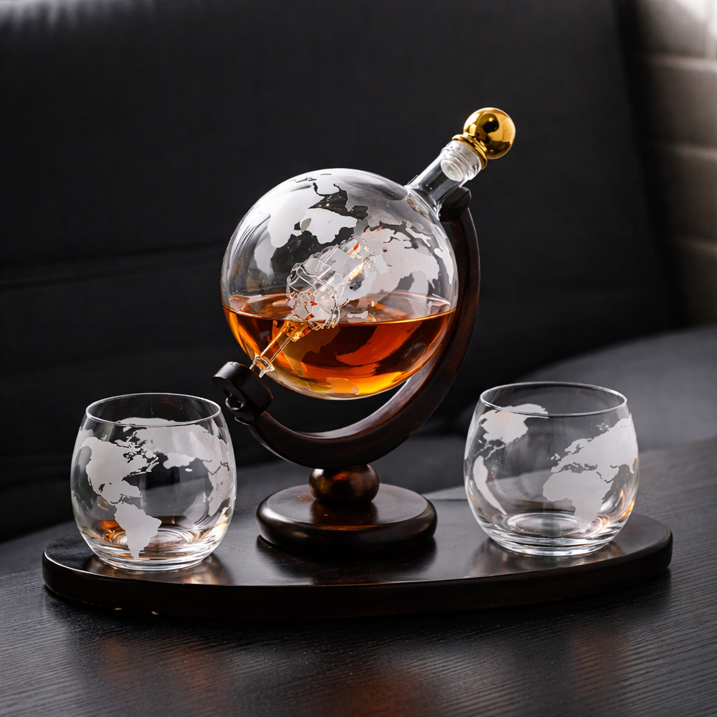 Whiskykaraf med verdenskort og glas – billede 2