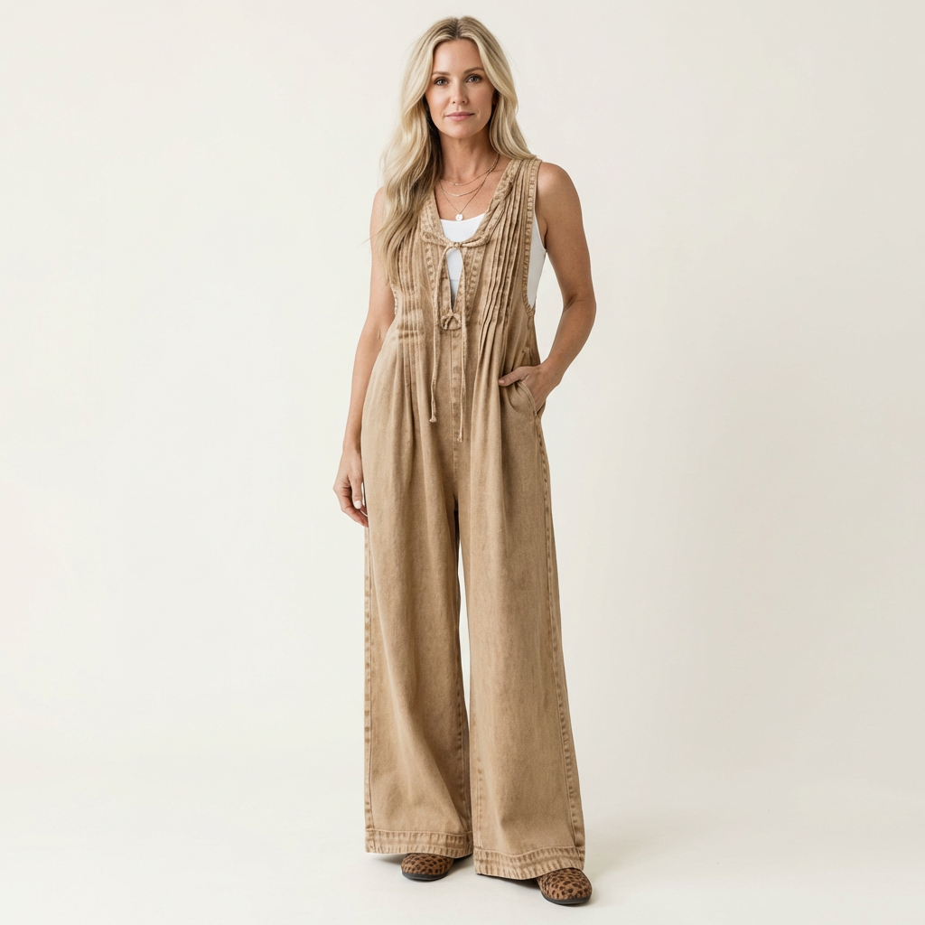 Griselda | Plisseret denimjumpsuit med vide ben