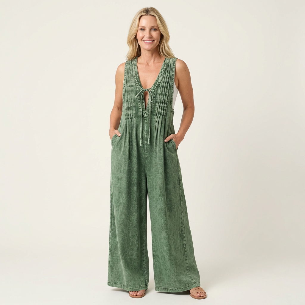 Griselda | Plisseret denimjumpsuit med vide ben