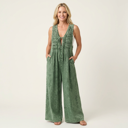 Griselda | Plisseret denimjumpsuit med vide ben