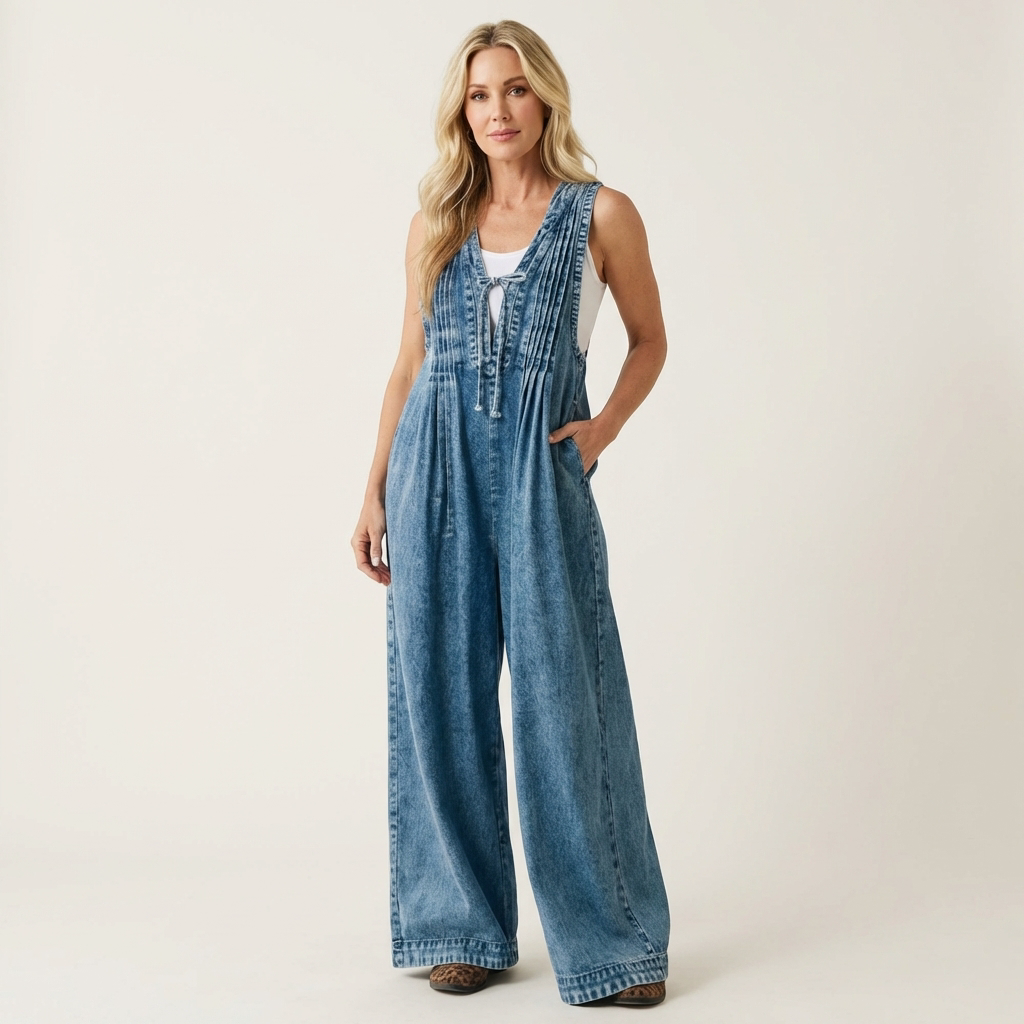 Griselda | Plisseret denimjumpsuit med vide ben