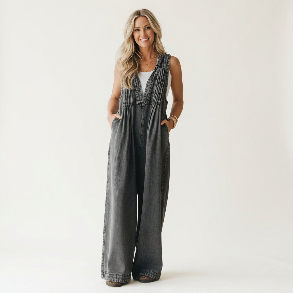 Griselda | Plisseret denimjumpsuit med vide ben