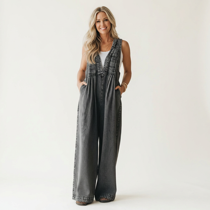 Griselda | Plisseret denimjumpsuit med vide ben