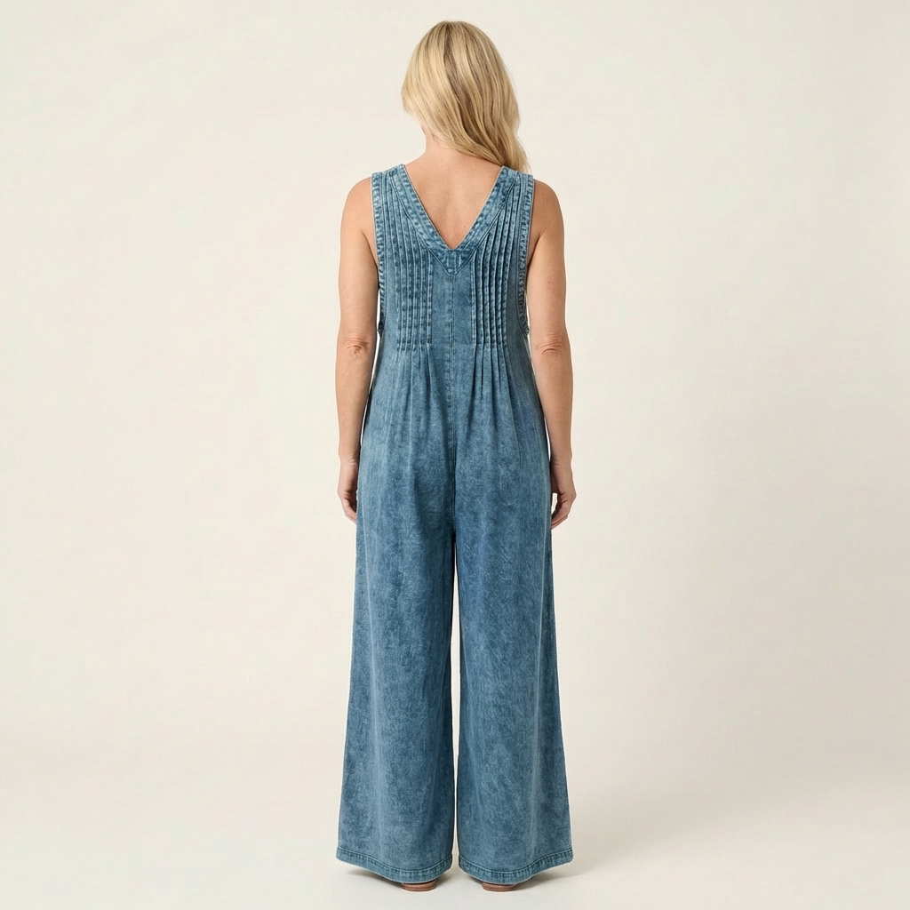 Griselda | Plisseret denimjumpsuit med vide ben