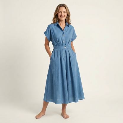 Melody | Denimlook midikjole med knapper og bælte
