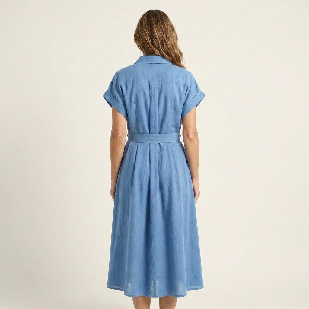 Melody | Denimlook midikjole med knapper og bælte