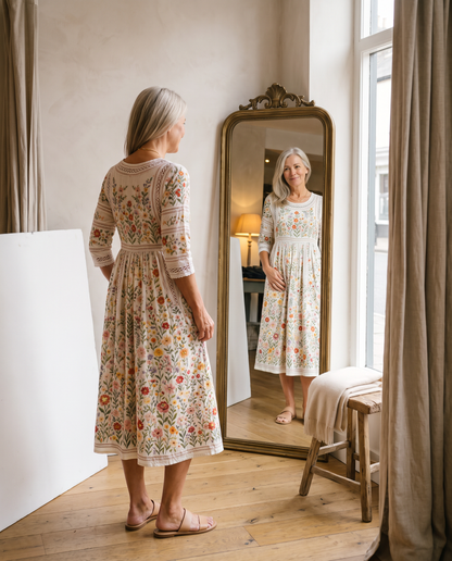 Elise | Blomstret midikjole med blondedetaljer og lommer